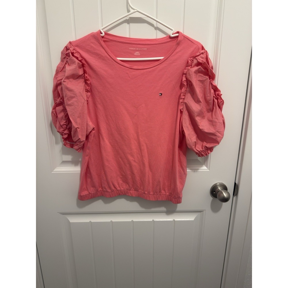 Tommy Hilfiger Pink Puff Sleeve Blouse Womens Size Large Casual Short Sleeve
